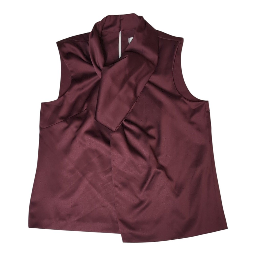 Tahari ASL Blouse Women Size L Wine Satin Draped Bow Neck Top